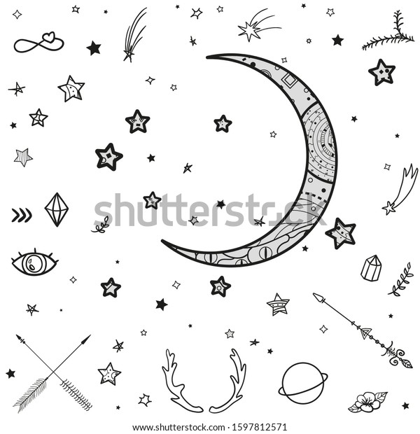 Crescent moon and stars with\
abstract patterns. Abstract space elements. Black and white\
illustration