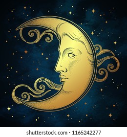 Crescent moon and stars in antique style hand drawn line art and dotwork. Boho chic tattoo, poster, altar veil, tapestry or fabric print design vector illustration