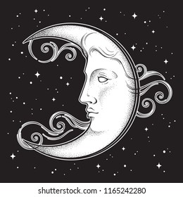 Crescent moon and stars in antique style hand drawn line art and dotwork. Boho chic tattoo, poster, altar veil, tapestry or fabric print design vector illustration