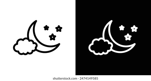 Crescent Moon, Stars, and Cloud - Night Sky Icon in Black and White Line Art