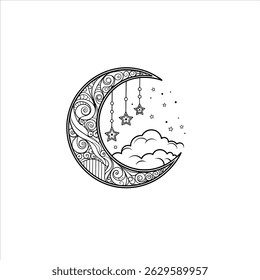 Crescent moon with stars and clouds in black and white line drawing