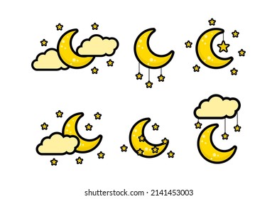 Crescent Moon, Stars And Clouds Collection Bundle Vector