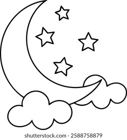 Crescent Moon, Stars, Clouds, Night Sky, Simple Line Drawing, Celestial, Dreamy, Peaceful, Outline, 