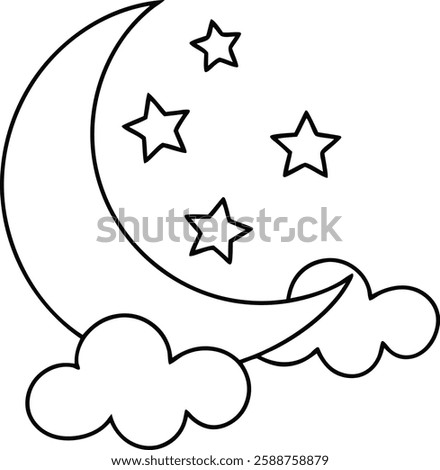 Crescent Moon, Stars, Clouds, Night Sky, Simple Line Drawing, Celestial, Dreamy, Peaceful, Outline, 