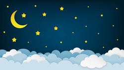 Полумесяц, звезды и облака на фоне полуночи неба. Ночное небо пейзаж фон. Бумажный художественный стиль. Векторная иллюстрация.