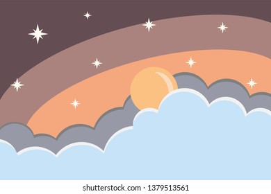 Crescent moon, stars, and clouds on the night sky background 