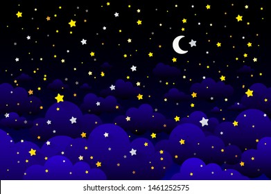 Crescent moon, stars, and clouds on the midnight sky background. Night sky scenery background. Paper art style. Vector Illustration. eps 10 art