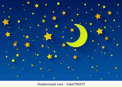 Crescent moon, stars, and clouds on the midnight sky background. Night sky scenery background. Paper art style. Vector Illustration. eps 10 art