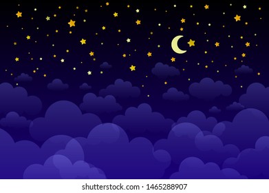 Crescent moon, stars, and clouds on the midnight sky background. Night sky scenery background. Paper art style. Vector Illustration. eps 10