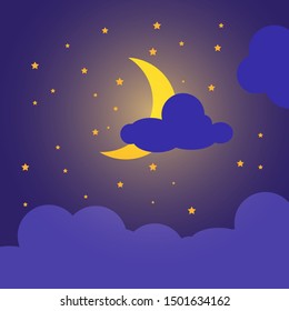 Crescent moon, stars, and clouds on the midnight sky background. Minimal night sky scenery background with half moon. Paper art and craft style. Vector Illustration EPS 10.
