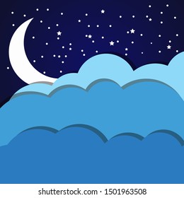 Crescent moon, stars, and clouds on the midnight sky background. Minimal night sky scenery background with half moon. Paper art and craft style. Vector Illustration EPS 10.