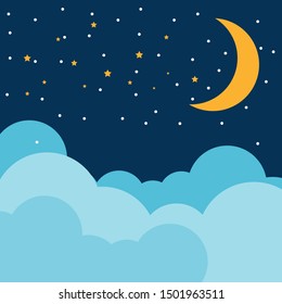 Crescent moon, stars, and clouds on the midnight sky background. Minimal night sky scenery background with half moon. Paper art and craft style. Vector Illustration EPS 10.