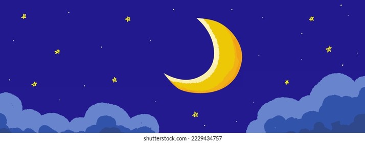 Crescent moon, stars, and clouds on the midnight sky background. Night sky scenery background. Children illustrations style. Vector Illustration.