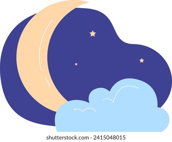 Crescent moon with stars and clouds on night sky. Simple celestial bodies for kids room decor vector illustration.