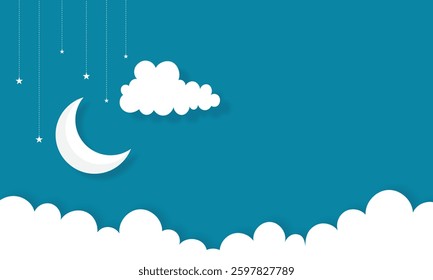 Crescent moon and stars with clouds on papercut style template background