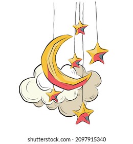 crescent moon, stars and clouds ramadan kareem illustration, isolated on white background. for happy ramadan mubarak greeting card.