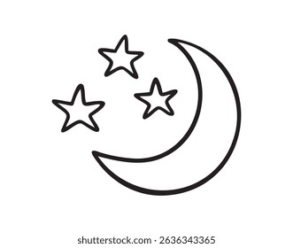 Crescent moon with stars doodle hand drawn icon. Outline line drawing clipart symbol. Vector illustration