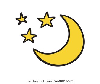Crescent moon with stars doodle hand drawn icon. colorful cartoon line drawing clipart symbol. Vector illustration