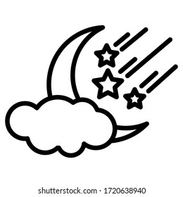 
crescent moon and stars falling behind clouds