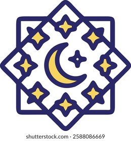 Crescent moon with stars in geometric pattern, representing Ramadan blessings and spirituality.