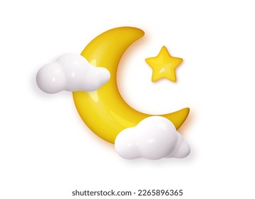 Crescent moon  stars glossy yellow   white glossy clouds 3d style isolated  Realistic half moon moon crescent  Space futuristic creative design