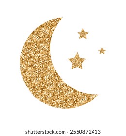 Luna creciente con estrellas. Textura de brillo dorado. Icono de la luna y las estrellas. Ilustración de estilo de lujo brillante.