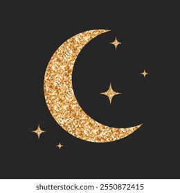 Luna creciente con estrellas. Textura de brillo dorado. Icono de la luna y las estrellas. Ilustración de estilo de lujo brillante.