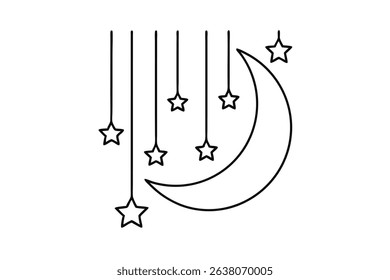 Crescent moon and stars hanging line drawing illustration