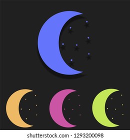 Crescent moon and stars icon in multi color. Simple glyph vector of space set for UI and UX, website or mobile application on black gradient background
