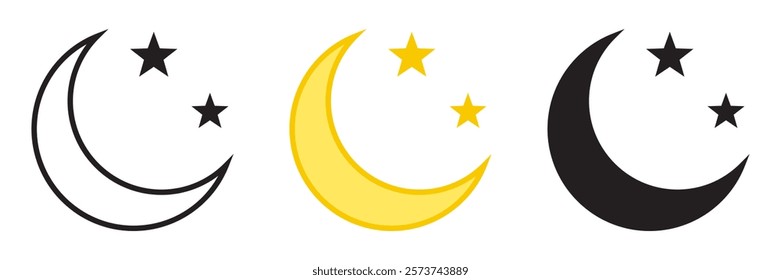 Crescent moon with stars icon. Night icon. Crescent moon icon yellow and black variatn.