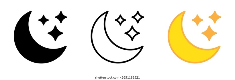Crescent moon with stars icon. Night icon. Crescent moon icon yellow and black variatn.