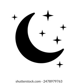 Crescent moon with stars icon on white background. Night icon. Crescent moon icon. Minimalist style.