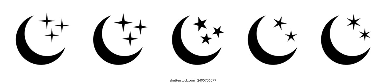 Crescent moon with stars icon on white background. Night icon. Crescent moon icon. Minimalist style.
