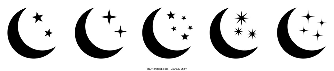 Luna creciente con el icono de las estrellas en el fondo blanco. Icono de la noche. Icono de luna creciente. Estilo minimalista.