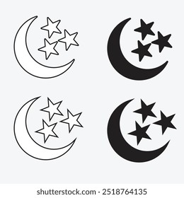 Crescent moon with stars icon on white background. Night icon. Crescent moon icon. Minimalist style.