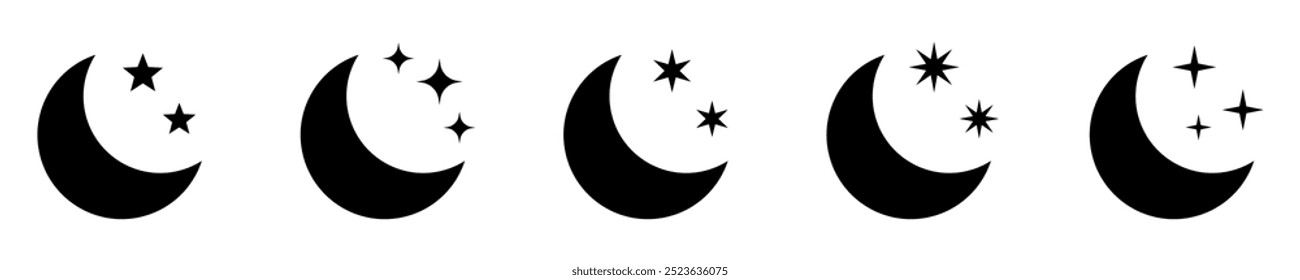 Luna creciente con el icono de las estrellas en el fondo blanco. Icono de la noche. Icono de luna creciente. Estilo minimalista.