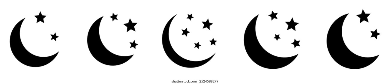 Luna creciente con el icono de las estrellas en el fondo blanco. Icono de la noche. Icono de luna creciente. Estilo minimalista.