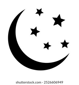 Luna creciente con el icono de las estrellas en el fondo blanco. Icono de la noche. Icono de luna creciente. Estilo minimalista.