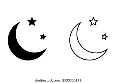 Luna creciente con el icono de las estrellas en el fondo blanco. Icono de la noche. Icono de luna creciente. Estilo minimalista.