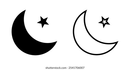 Luna creciente con el icono de las estrellas en el fondo blanco. Icono de la noche. Icono de luna creciente. Estilo minimalista.