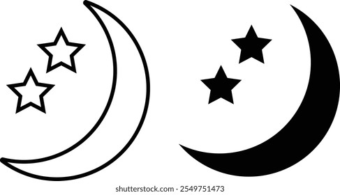 Crescent moon with stars icon on white background. Night icon. Crescent moon icon.