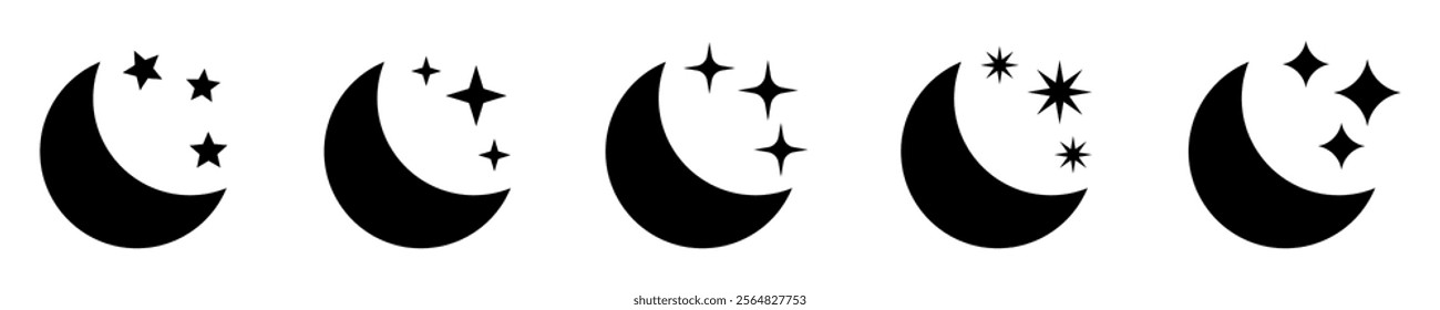 Crescent moon with stars icon on white background. Night icon. Crescent moon icon.