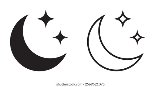 Crescent moon with stars icon on white background. Night icon. Crescent moon icon. Minimalist style.