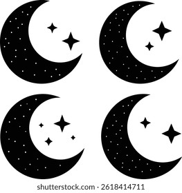 Crescent Moon and Stars Icon Vector Illustration, Night Sky Design.
