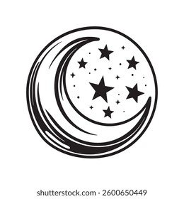Crescent moon with stars inside the circle, vector drawing
