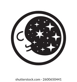 Crescent moon with stars inside a thick black circle