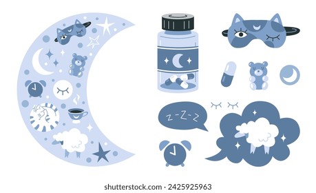 Crescent moon, stars, jar of Melatonin or sleeping pills and things to help you fall asleep quickly. Healthy sleep, rest and treatment of insomnia.  Isolated cartoon vector illustration, flat