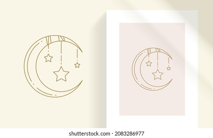 Crescent moon and stars line art style vector illustration. Boho astrology and horoscope linear drawing for poster and esoteric practices logo emblem decoration or fashion print.