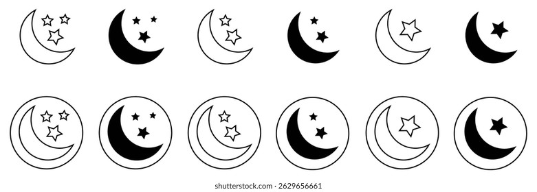 Crescent moon and stars minimal icon set with circular border in outline and filled style as islamic vector illustration design.