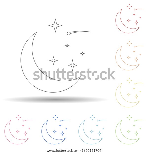 Crescent moon and stars in multi color style\
icon. Simple thin line, outline vector of space icons for ui and\
ux, website or mobile\
application